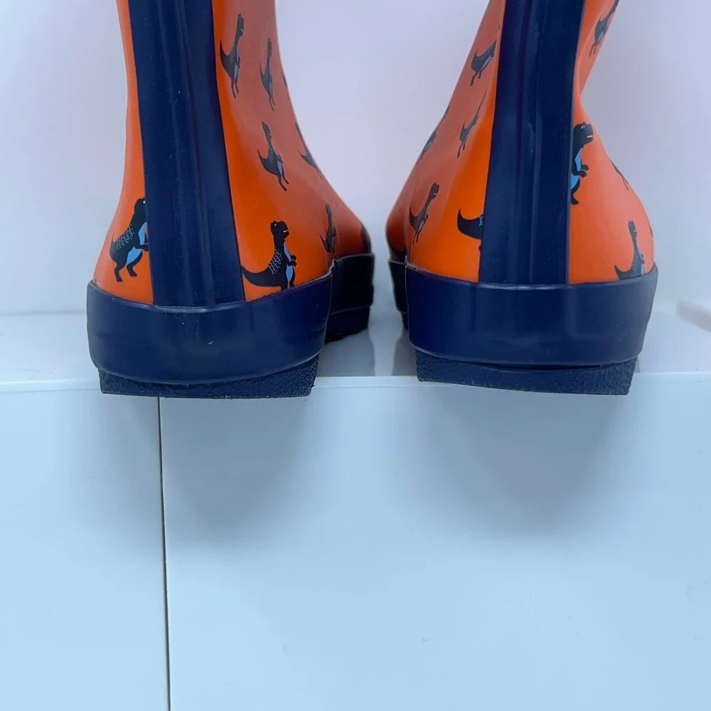 Lone Cone Kids Size 3 Orange Dinosaur Pattern Rubber Rain Boots New